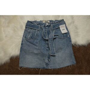 Free People Paperbag Denim Skirt NWOT Size 26 Tie Waist Jean Distressed Hem